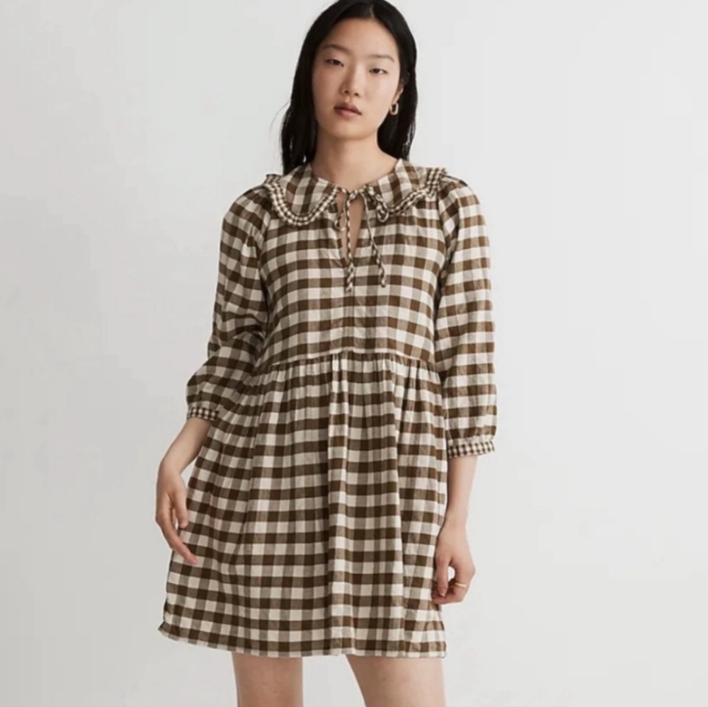 Madewell Gingham Collared Puff-Sleeve Mini Dress - Small